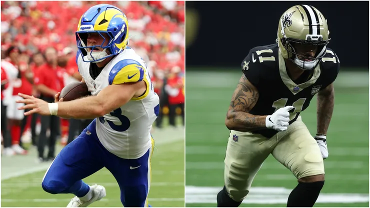 Dean Connors #33 of the Los Angeles Rams and Ronnie Bell #11 of the New Orleans Saints