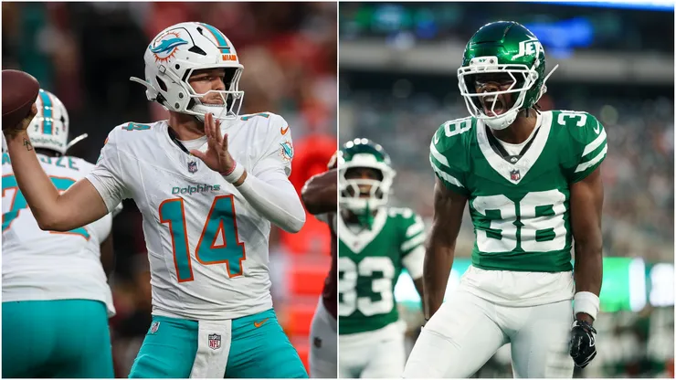 Quinn Ewers #14 of the Miami Dolphins and Mory Bamba #38 of the New York Jets