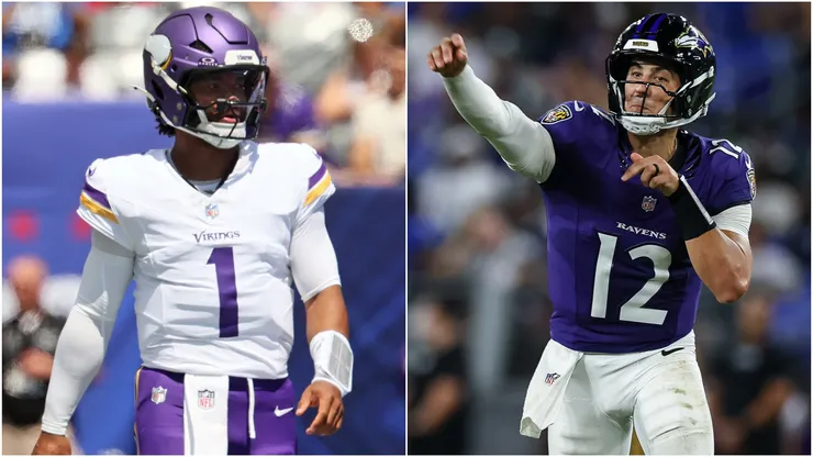Kyler Murray #1 of the Minnesota Vikings and Joe Fagnano #12 of the Baltimore Ravens