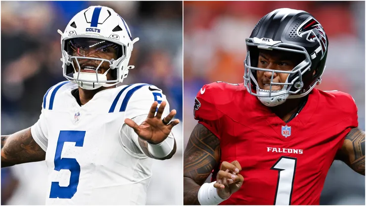Anthony Richardson Sr. #5 of the Indianapolis Colts and Tua Tagovailoa #1 of the Atlanta Falcons