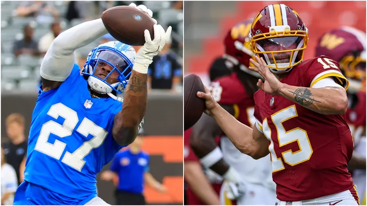 Christian Izien #27 of the Detroit Lions and Sam Hartman #15 of the Washington Commanders