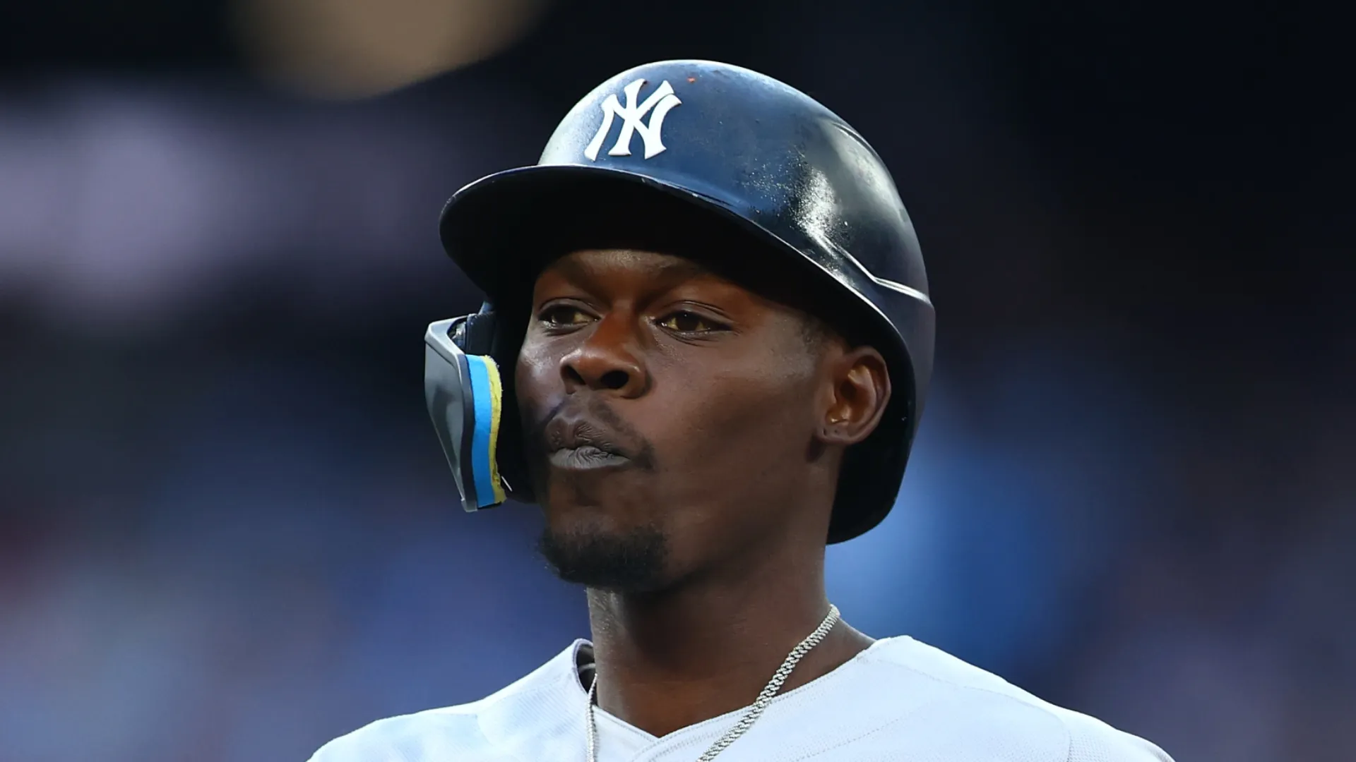 Jazz Chisholm Jr. #13 of the New York Yankees reacts after hitting a single in the second inning during a game against the Toronto Blue Jays at Rogers Centre on August 14, 2026 in Toronto, Ontario, Canada.