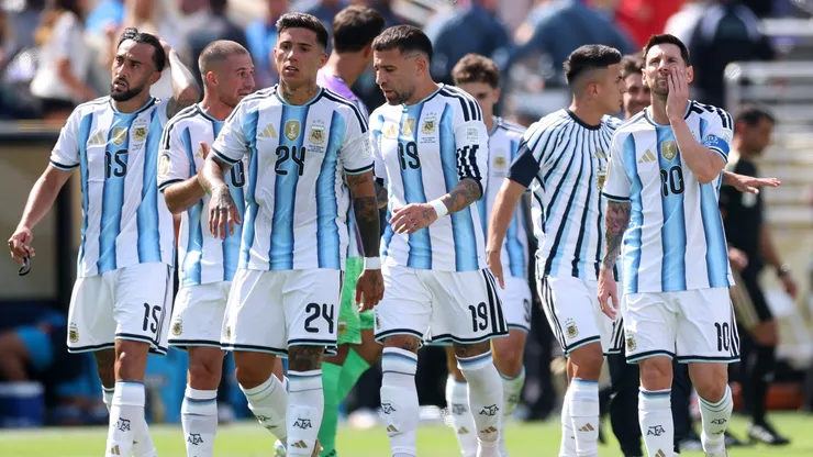 Lionel Messi #10 of Argentina is seen with teammates.