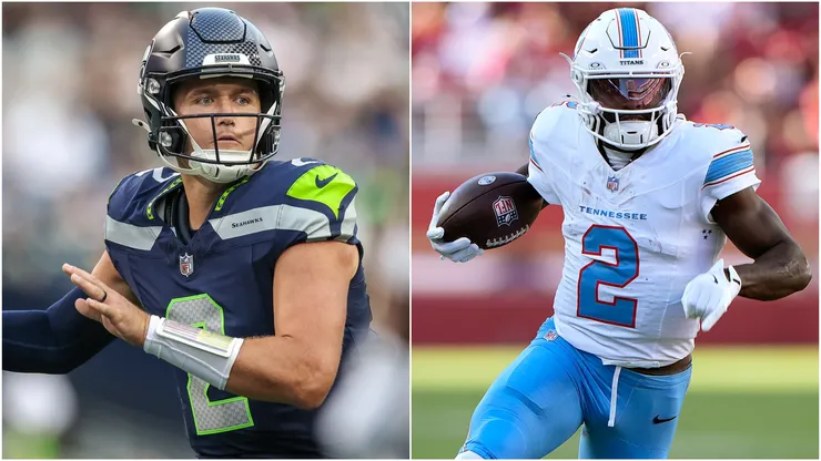 Drew Lock #2 of the Seattle Seahawks and Tyjae Spears #2 of the Tennessee Titans