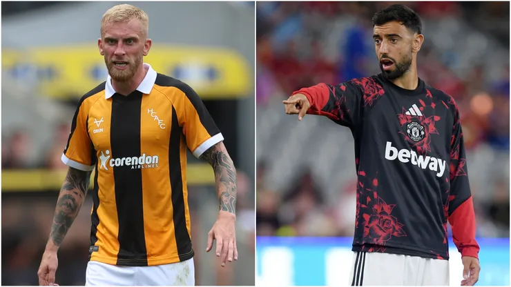 Oli McBurnie of Hull City and Bruno Fernandes of Manchester United