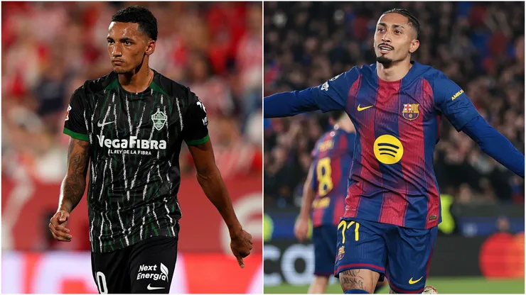 Alvaro Rodriguez of Elche and Raphinha of Barcelona