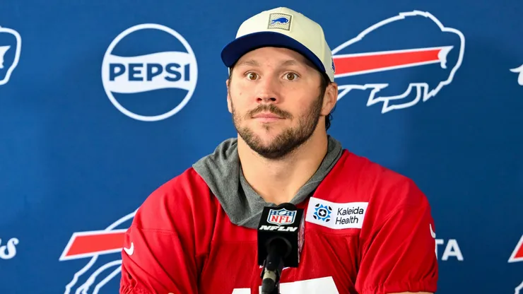 Josh Allen #17 of the Buffalo Bills addresses the media following practice during training camp.