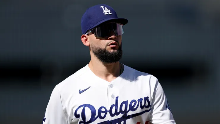 Andy Pages #44 of the Los Angeles Dodgers looks on before the game against the Boston Red Sox.