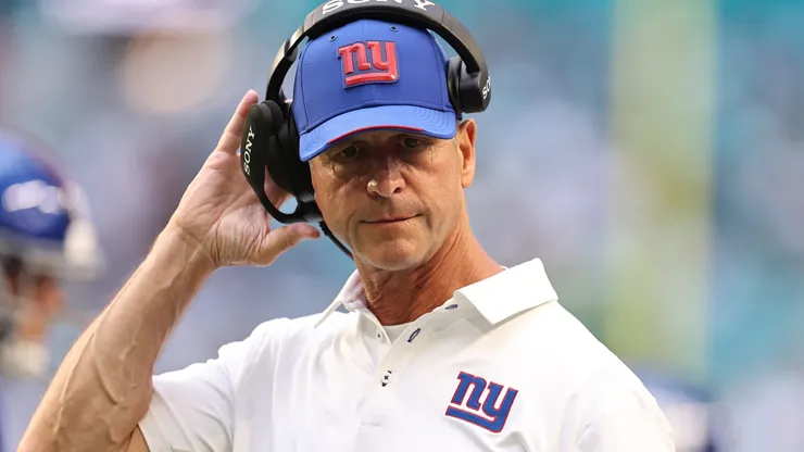 New York Giants head coach John Harbaugh looks on during the second half.