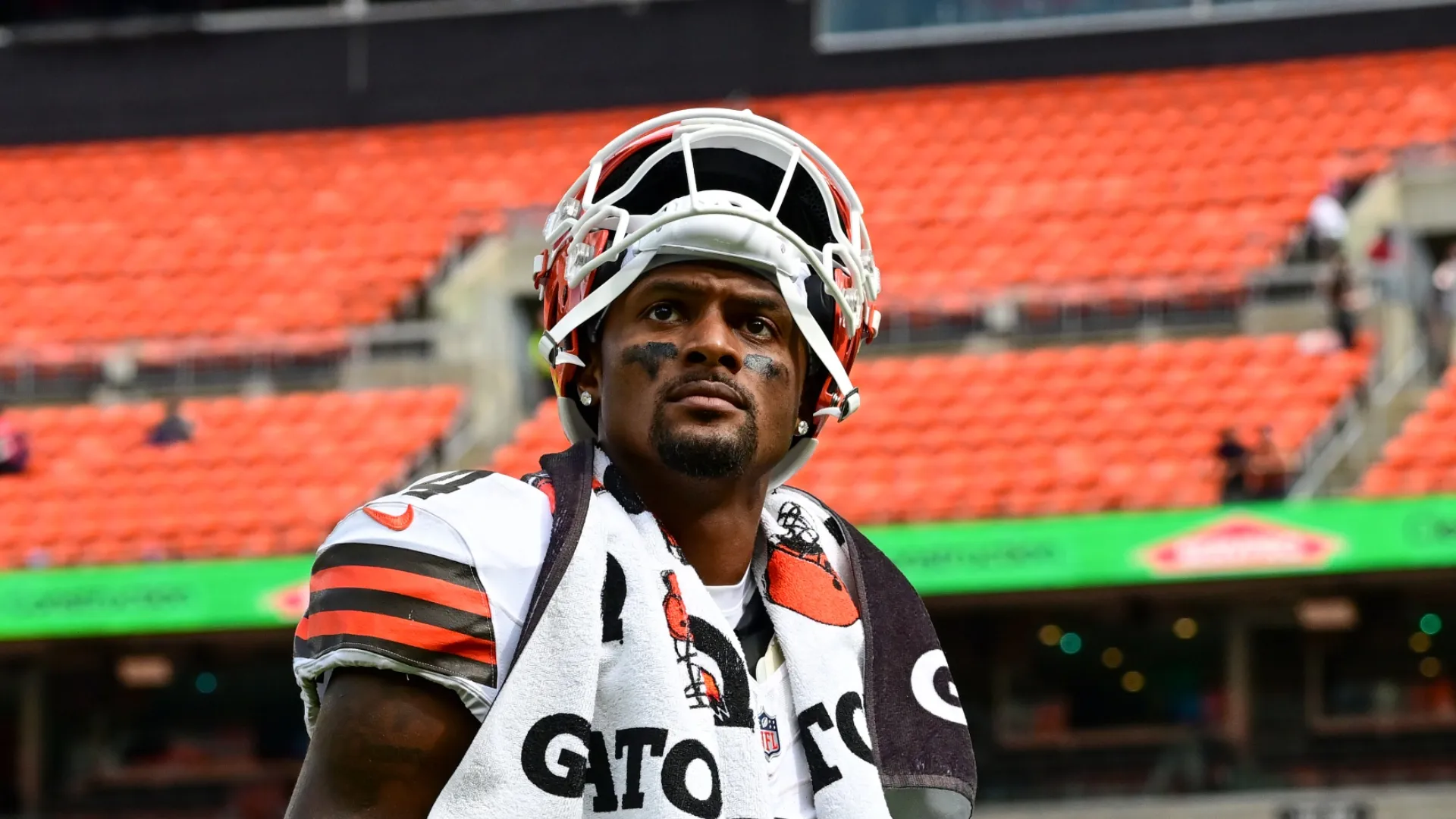 Deshaun Watson #4 of the Cleveland Browns walks off the field after the team's 31-7 loss to the Buffalo Bills in a preseason game against the at Huntington Bank Field on August 22, 2026 in Cleveland, Ohio.