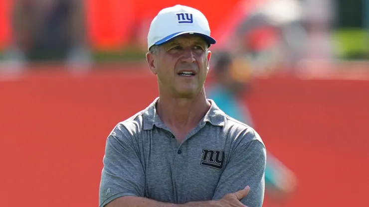 Head coach John Harbaugh of the New York Giants looks on during joint practice.