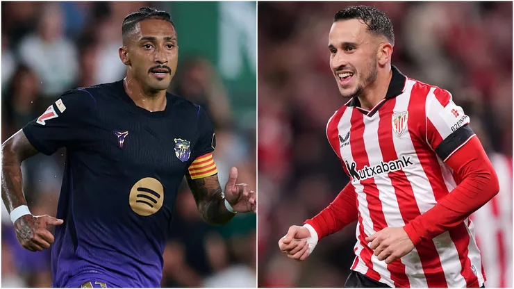Raphinha of Barcelona and Alex Berenguer of Athletic Club