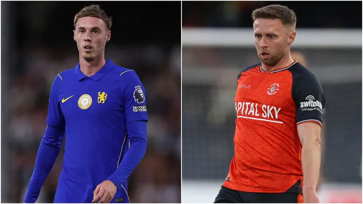 Cole Palmer of Chelsea and Jordan Clark of Luton Town