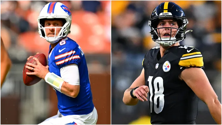 Shane Buechele #6 of the Buffalo Bills and Will Howard #18 of the Pittsburgh Steelers