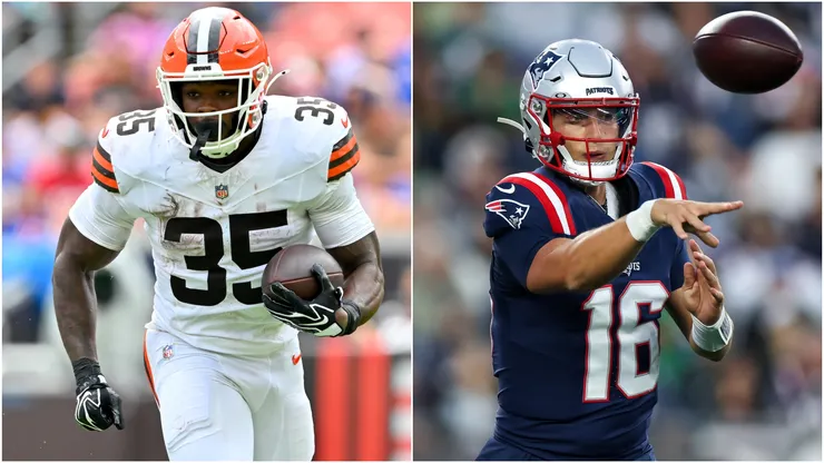 Raheim Sanders #35 of the Cleveland Browns and Tommy DeVito #16 of the New England Patriots