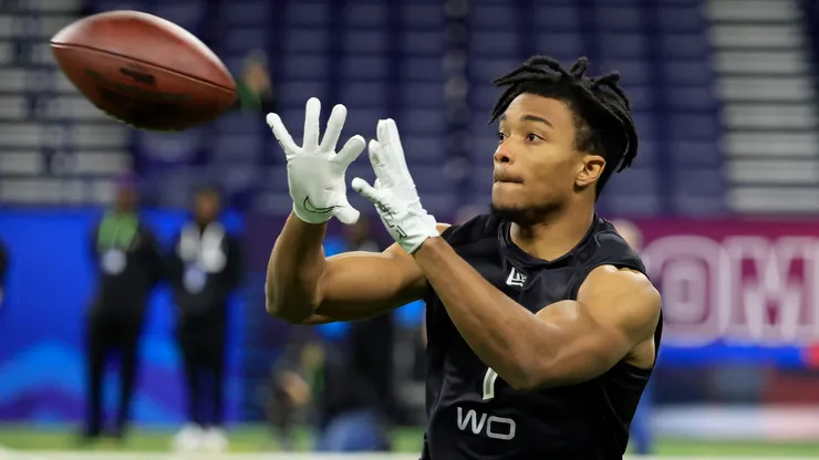 Calvin Austin Iii #WO01 of Memphis runs a drill during the NFL Combine.