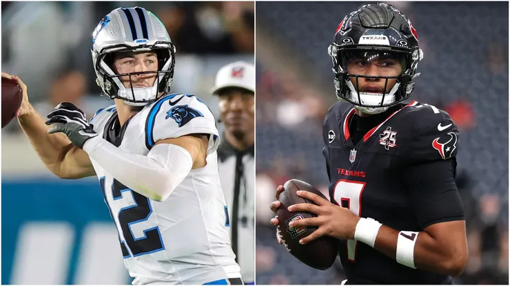 Kenny Pickett #12 of the Carolina Panthers and C.J. Stroud #7 of the Houston Texans