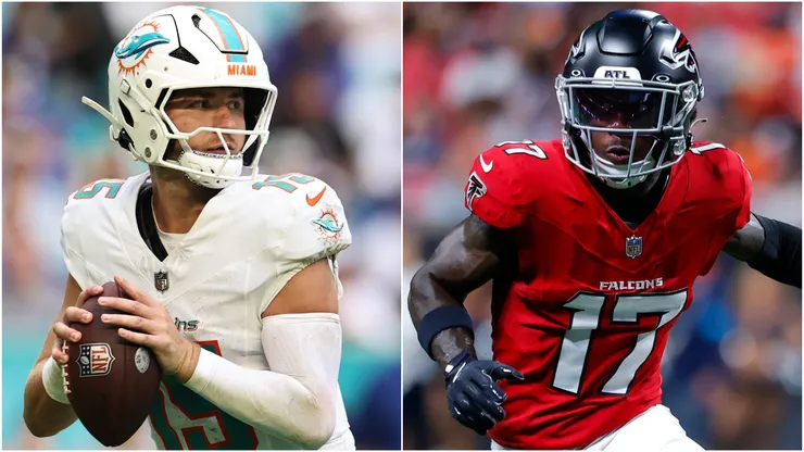 Cam Miller #15 of the Miami Dolphins and Zachariah Branch #17 of the Atlanta Falcons