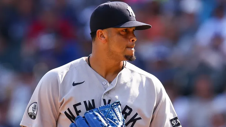 Fernando Cruz #63 of the New York Yankees looks on during the eleventh inning.