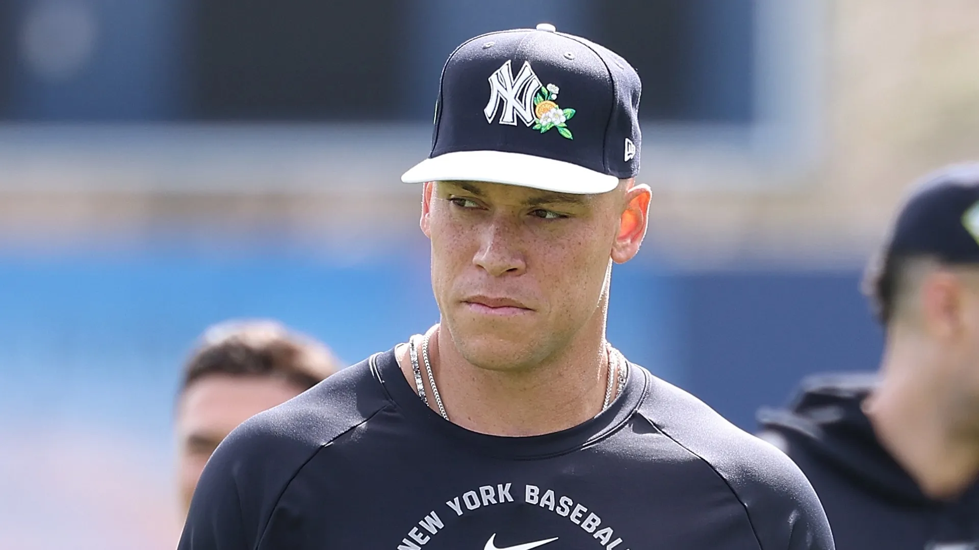 Aaron Judge #99 of the New York Yankees warms up during team workouts at George M. Steinbrenner Field on February 17, 2026 in Tampa, Florida.