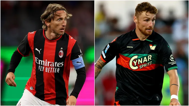 Luka Modric of AC Milan and Antoine Hainaut of Venezia