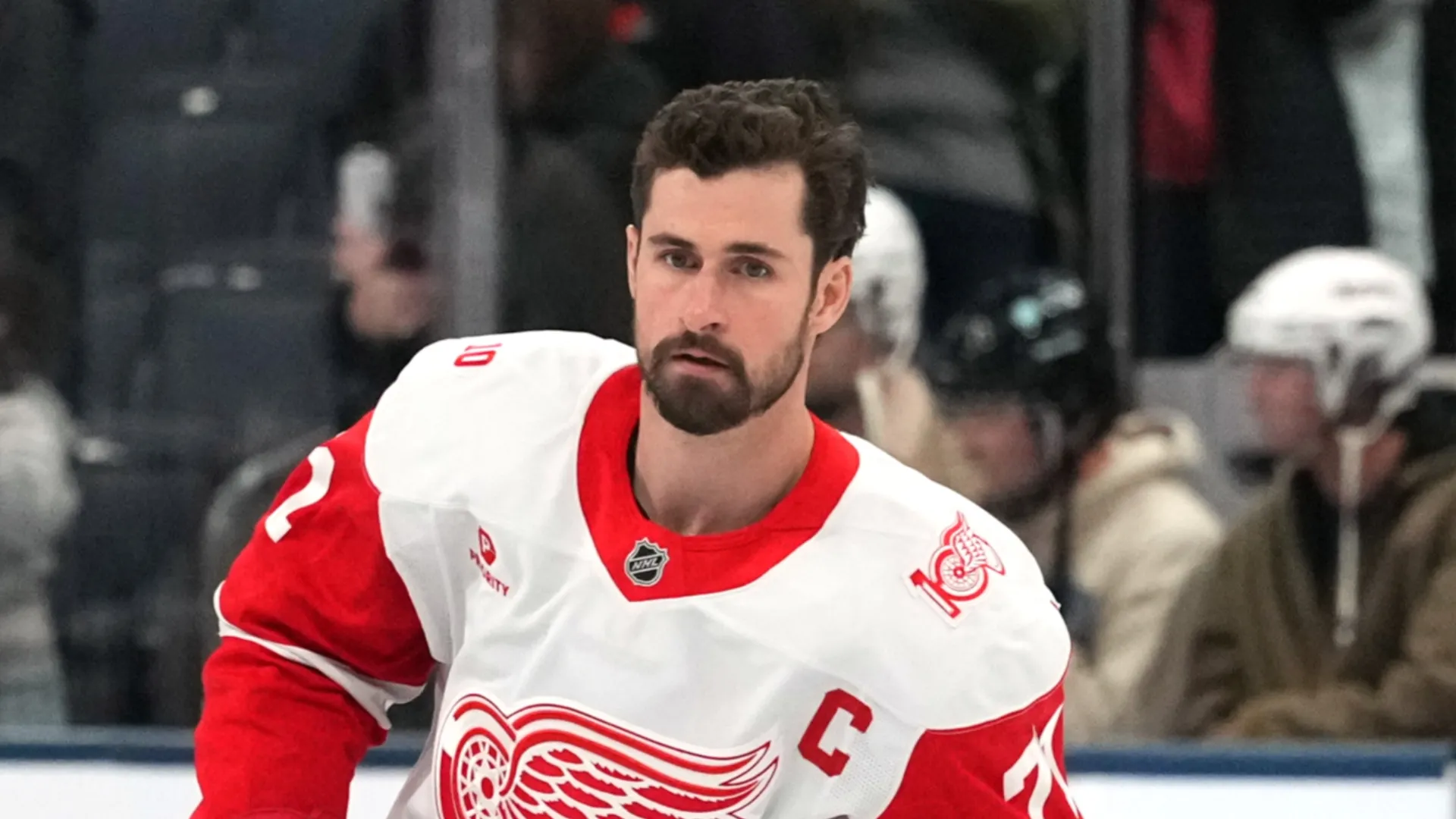 Dylan Larkin #71 of the Detroit Red Wings skates during warm-up before the game against the Columbus Blue Jackets at Nationwide Arena on December 04, 2025 in Columbus, Ohio.