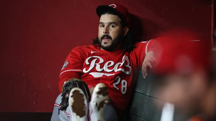 Eugenio Suarez #28 of the Cincinnati Reds sits.