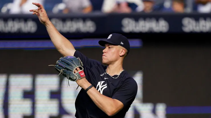 Aaron Judge #99 of the New York Yankees warms up.