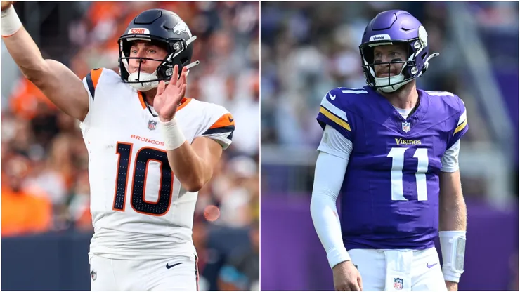 Bo Nix #10 of the Denver Broncos and Carson Wentz #11 of the Minnesota Vikings