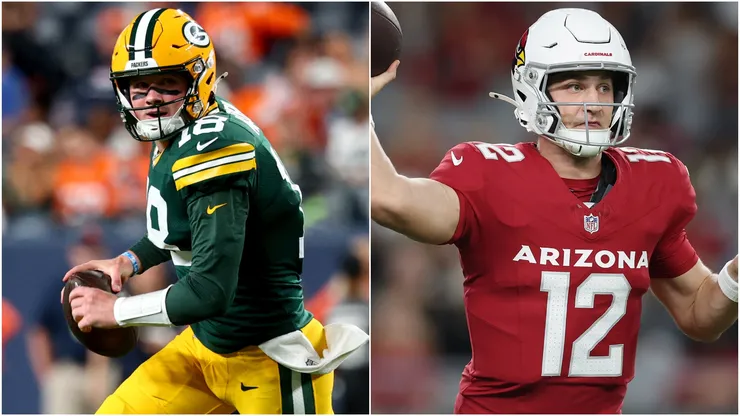 Kyle McCord #18 of the Green Bay Packers and Kedon Slovis #12 of the Arizona Cardinals