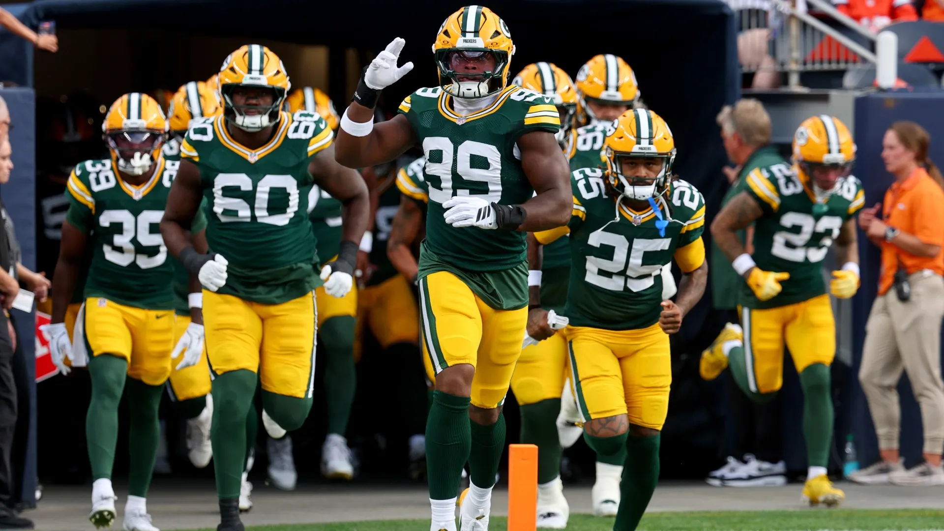 Barryn Sorrell #99 of the Green Bay Packers leads his team onto the field (Source: Jamie Schwaberow/Getty Images)