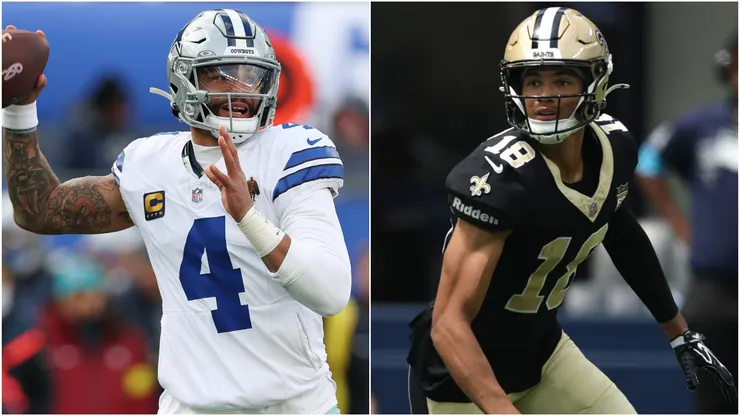 Dak Prescott #4 of the Dallas Cowboys and Bryce Lance #18 of the New Orleans Saints