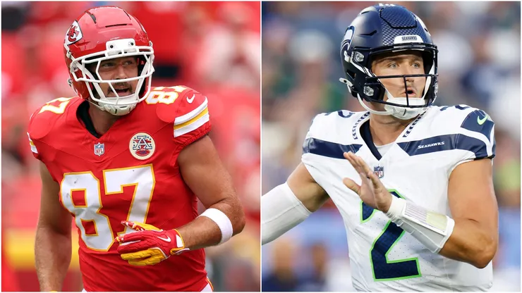 Travis Kelce #87 of the Kansas City Chiefs and Drew Lock #2 of the Seattle Seahawks
