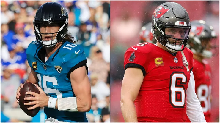 Trevor Lawrence #16 of the Jacksonville Jaguars and Baker Mayfield #6 of the Tampa Bay Buccaneers
