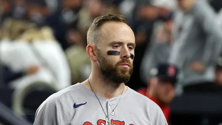 Trevor Story #10 of the Boston Red Sox at Yankee Stadium.