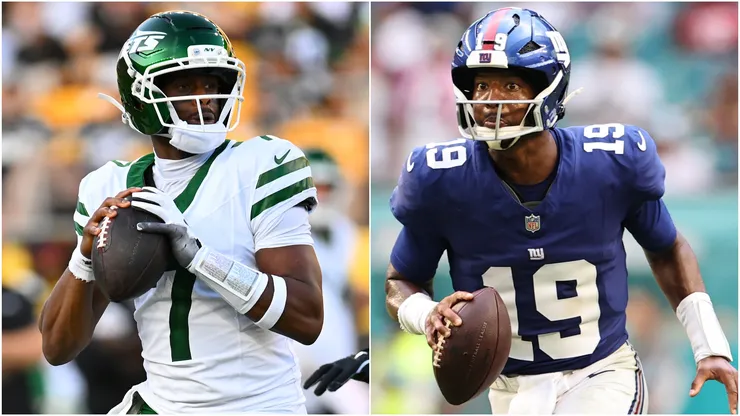 Geno Smith #7 of the New York Jets and Jameis Winston #19 of the New York Giants
