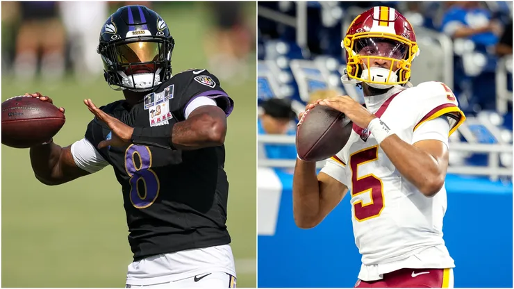 Lamar Jackson #8 of the Baltimore Ravens and Jayden Daniels #5 of the Washington Commanders