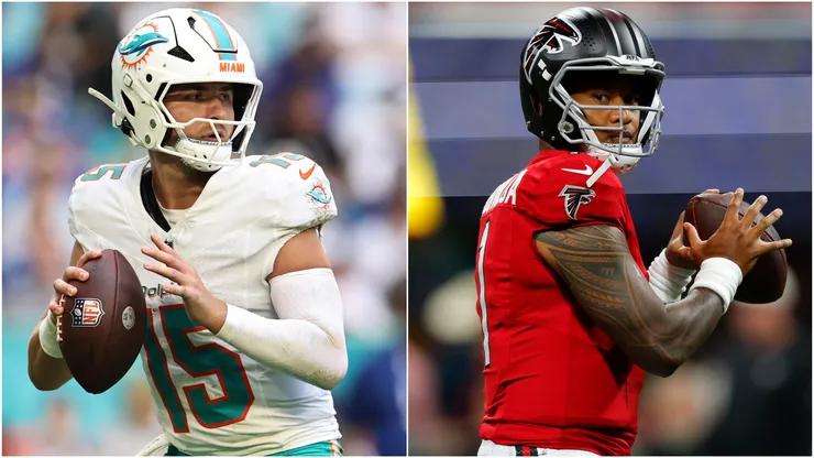 Cam Miller #15 of the Miami Dolphins and Tua Tagovailoa #1 of the Atlanta Falcons
