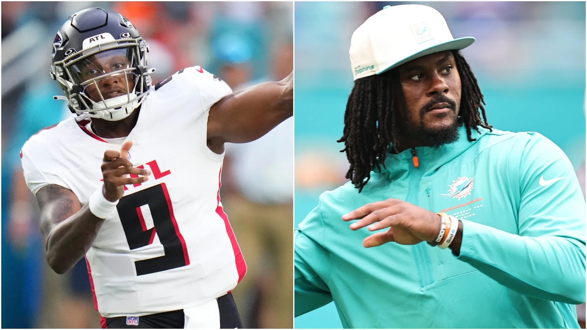 Michael Penix Jr. #9 of the Atlanta Falcons and Malik Willis #2 of the Miami Dolphins (Source: Carmen Mandato/Rich Storry — Getty Images)