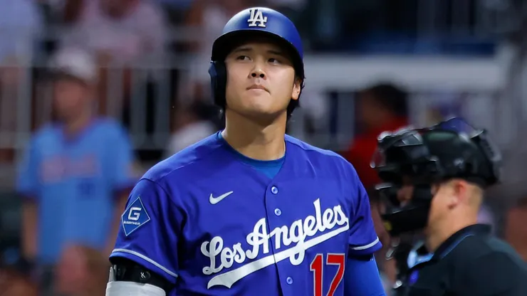 Shohei Ohtani #17 of the Los Angeles Dodgers reacts after striking out.