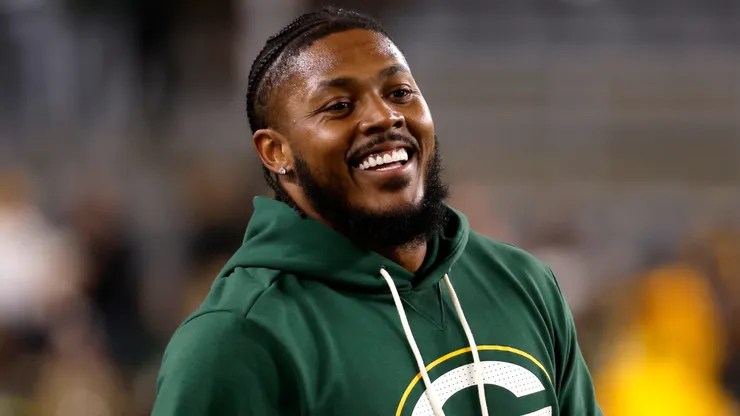 Josh Jacobs #8 of the Green Bay Packers reacts prior to the game.