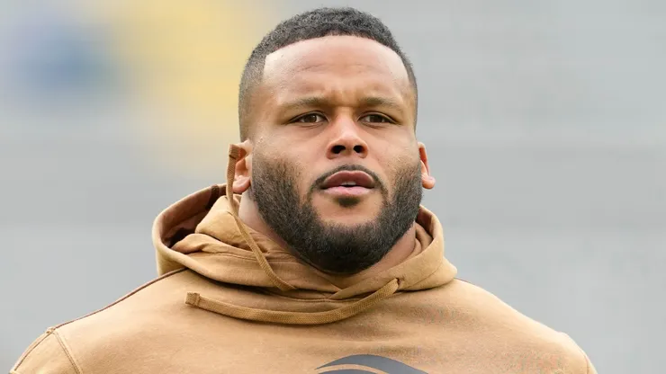Aaron Donald #99 of the Los Angeles Rams warms-up.