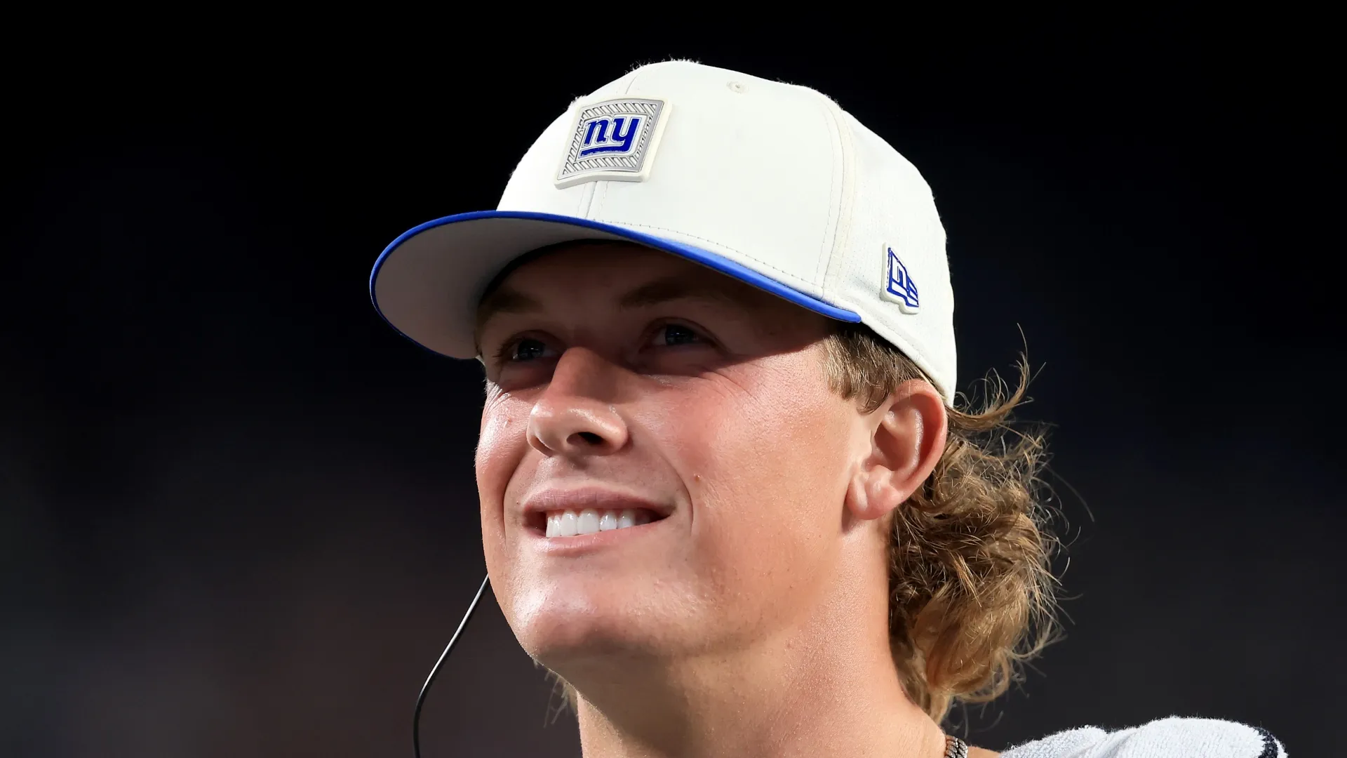 Jaxson Dart #6 of the New York Giants heads to the locker room after the first half of a preseason game against the New York Jets at MetLife Stadium on August 28, 2026 in East Rutherford, New Jersey