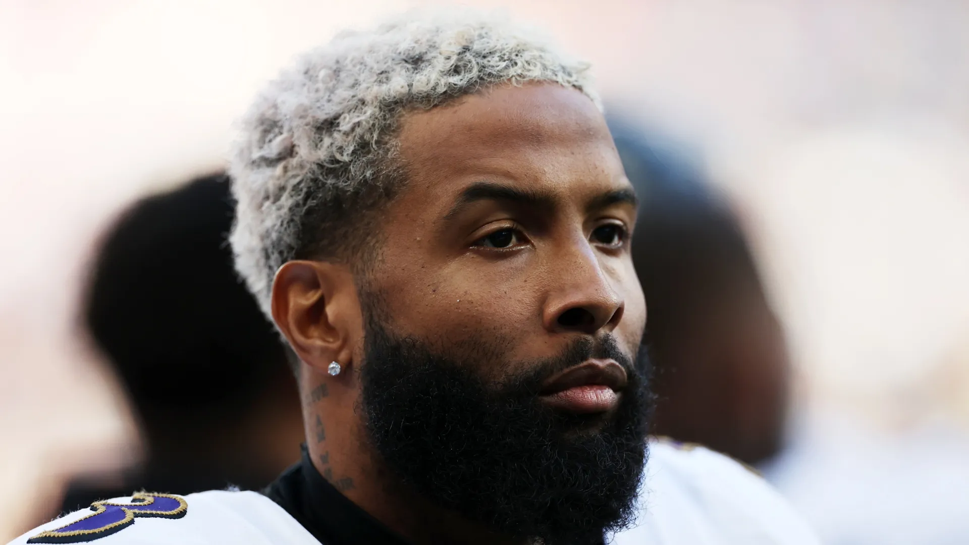 Odell Beckham Jr. looks on in the first quarter during the 2023 NFL London Games match between Baltimore Ravens and Tennessee Titans at Tottenham Hotspur Stadium on October 15, 2023 in London, England.
