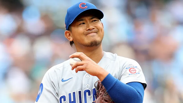 Shota Imanaga #18 of the Chicago Cubs reacts during the second inning.