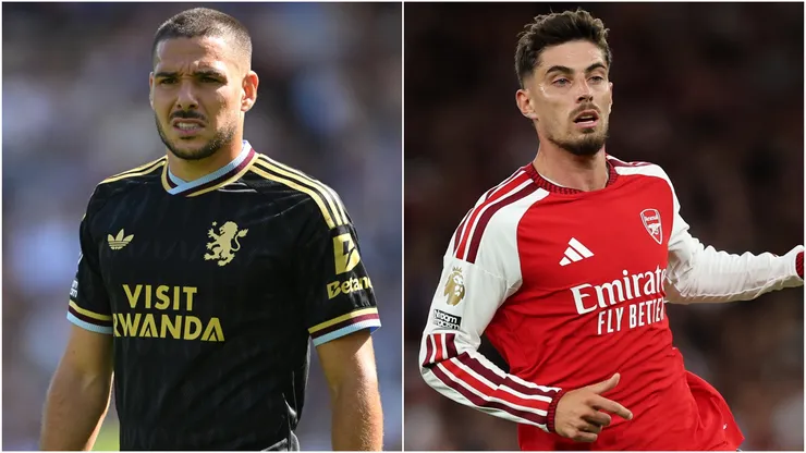 Emiliano Buendia of Aston Villa and Kai Havertz of Arsenal