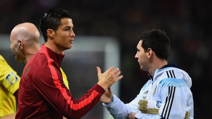 Cristiano Ronaldo (left) and Lionel Messi shake hands before a Portugal-Argentina friendly.