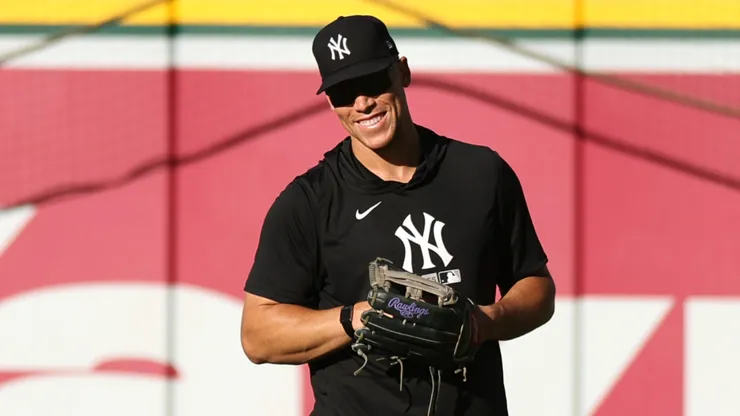 Aaron Judge #99 of the New York Yankees smiles.