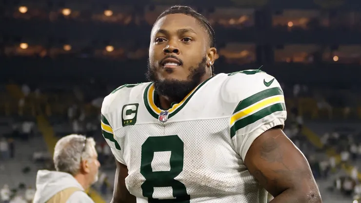 Josh Jacobs #8 of the Green Bay Packers leaves the field.