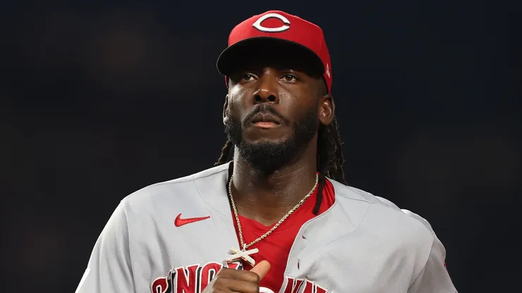 Elly de la Cruz #44 of the Cincinnati Reds looks on.